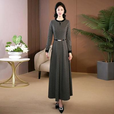 小格子连衣裙收腰长袖长裙品牌