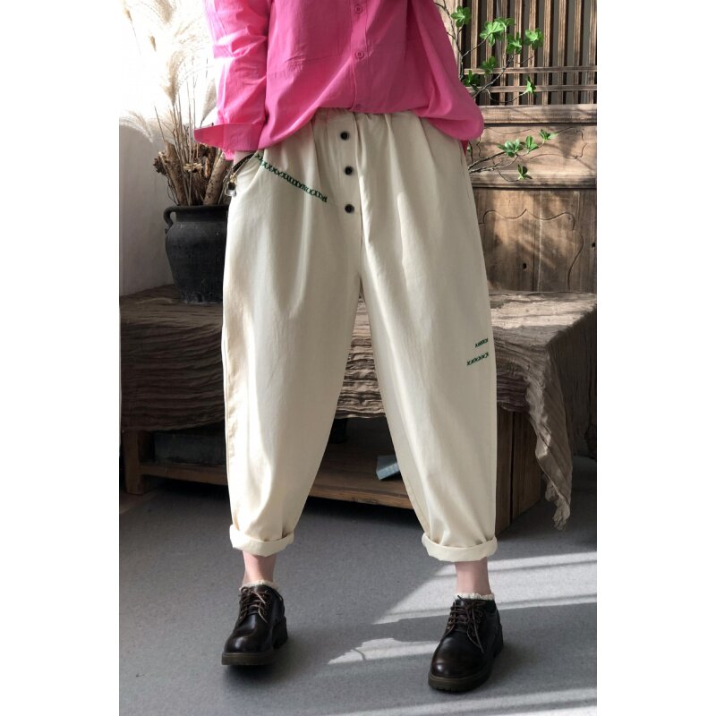 小耳出品新款22春大码女裤韩版宽松休闲裤松紧腰扣子萝卜裤哈伦裤