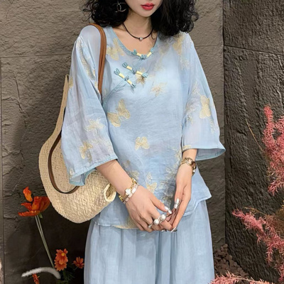 园园美衣衫女2026夏季新款刺绣苎麻显瘦百搭圆领上衣女士短袖小衫