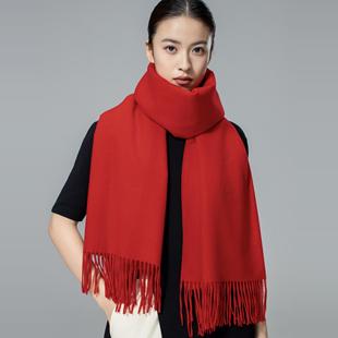 红围巾女冬季2024新款纯色百搭高级感年会活动大红色围巾定制logo