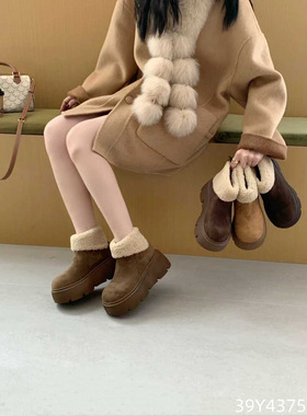 欧洲站2025冬羊羔毛厚底增高圆头加绒短靴百搭马丁靴雪地靴女4375