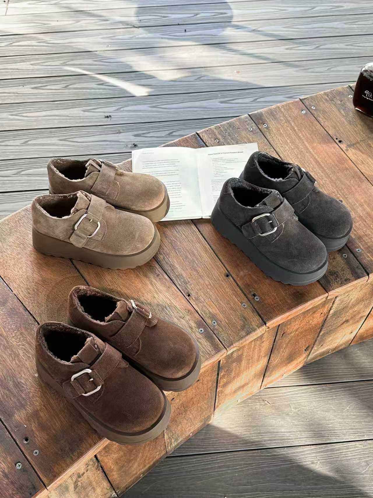 米新款2025冬款真皮厚底加绒勃肯鞋豆豆鞋时尚休闲保暖雪地靴女鞋