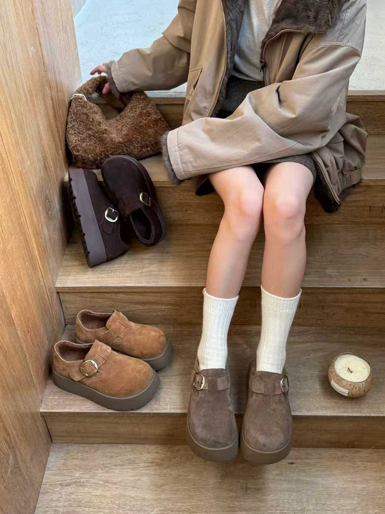 米新款2025冬款真皮内增高加绒勃肯鞋豆豆鞋时尚厚底休闲保暖女鞋