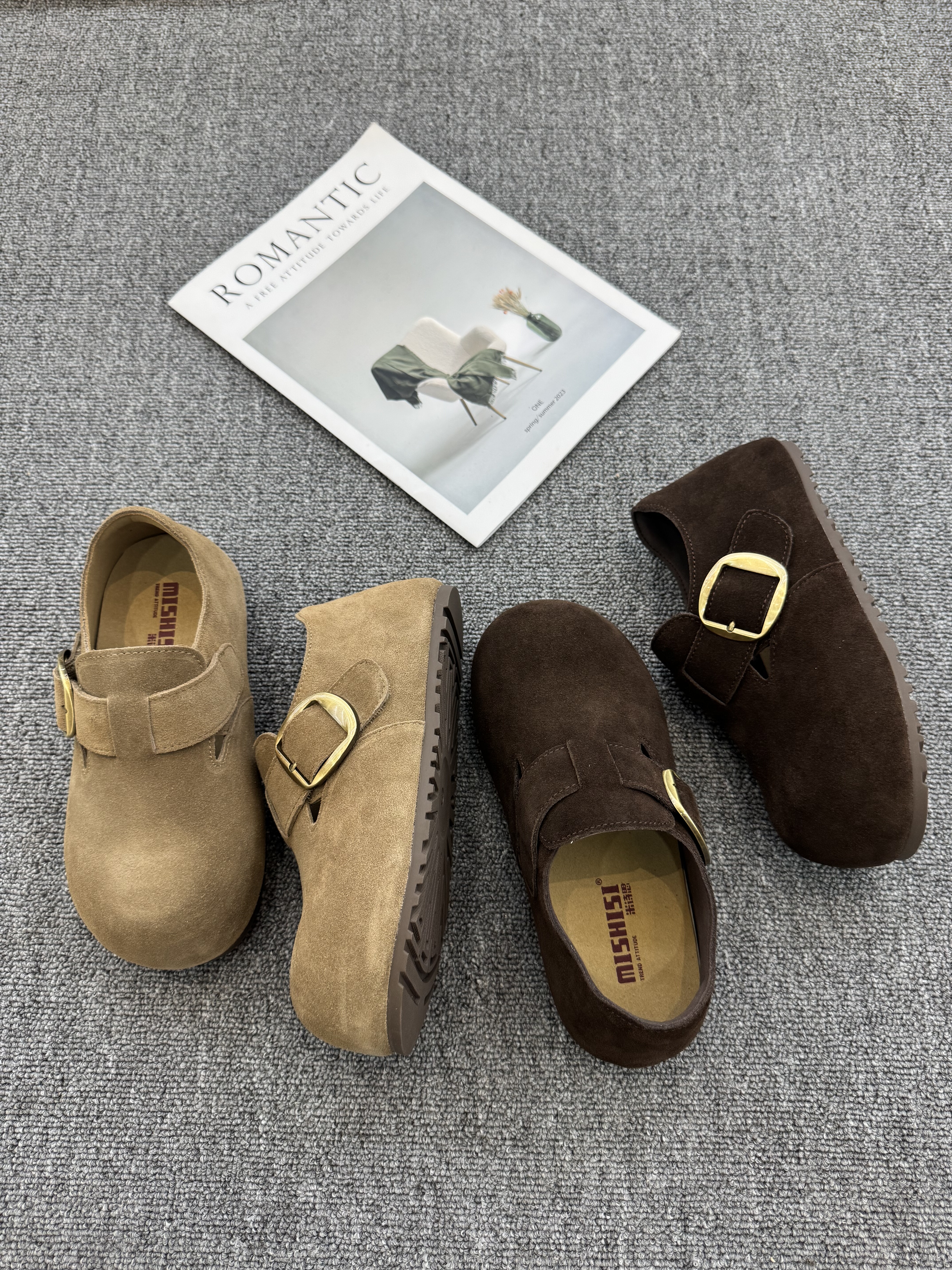 米新款2025秋真皮内增高勃肯鞋吐司鞋泡芙鞋圆头休闲平底舒适女鞋