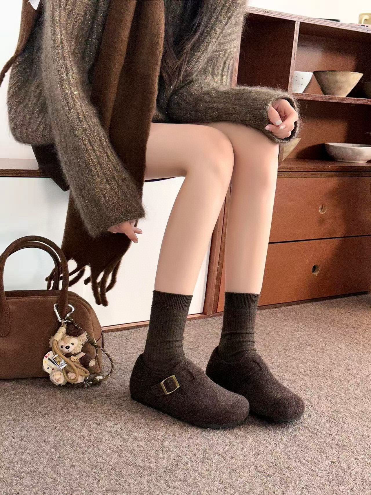 米新款2025秋平底毛呢勃肯鞋吐司鞋泡芙鞋圆头休闲平底舒适女鞋潮