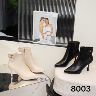 宣典2024冬新款 靴裸靴马丁靴女靴子8003 细高跟加绒短靴女尖头时装