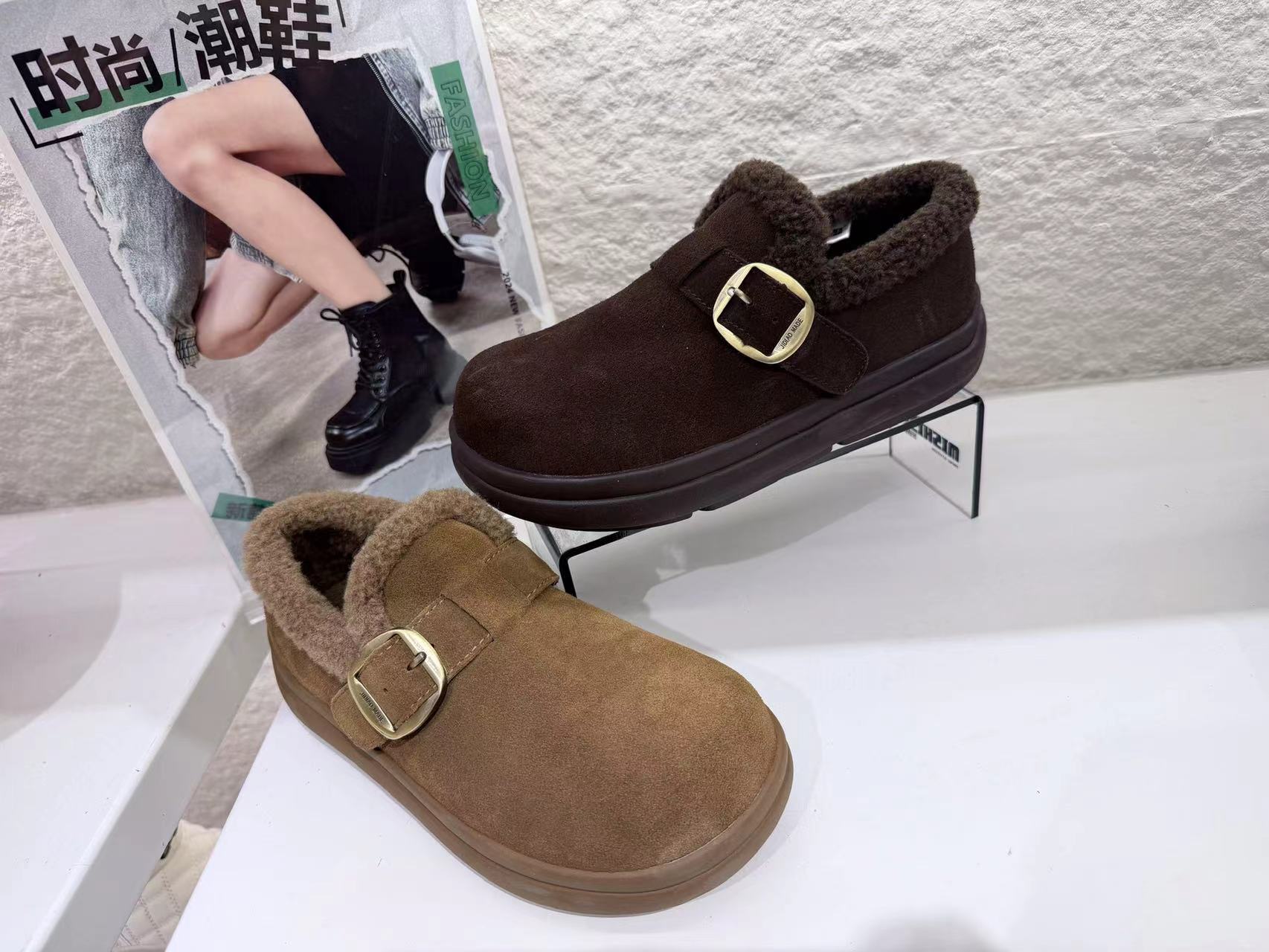 米新款2025冬款真皮厚底加绒勃肯鞋豆豆鞋时尚休闲保暖雪地靴女鞋
