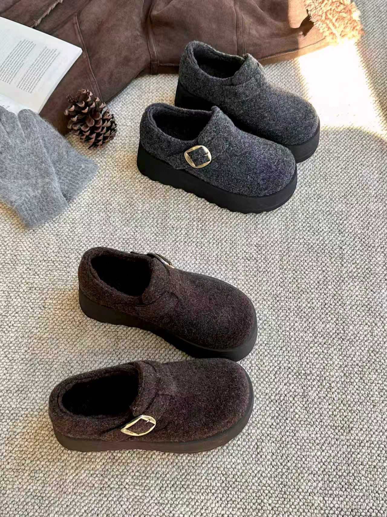 米新款2025冬款松糕厚底毛呢勃肯鞋吐司鞋圆头休闲舒适保暖女棉鞋