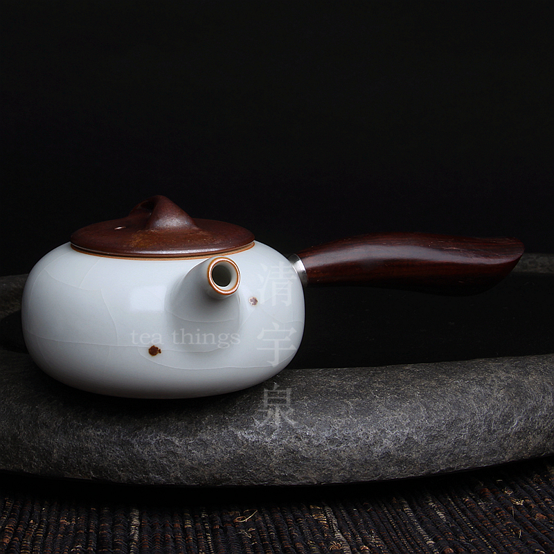 台湾柏采汝窑侧把壶冬青釉月白 柏采窑 CB-103E 一叶知春秋壶汝瓷