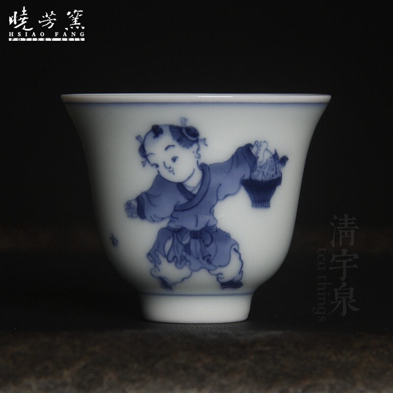 台湾蔡晓芳 主人杯 90年代作品 晓芳窑 手绘青花 婴戏童趣 铃铛杯