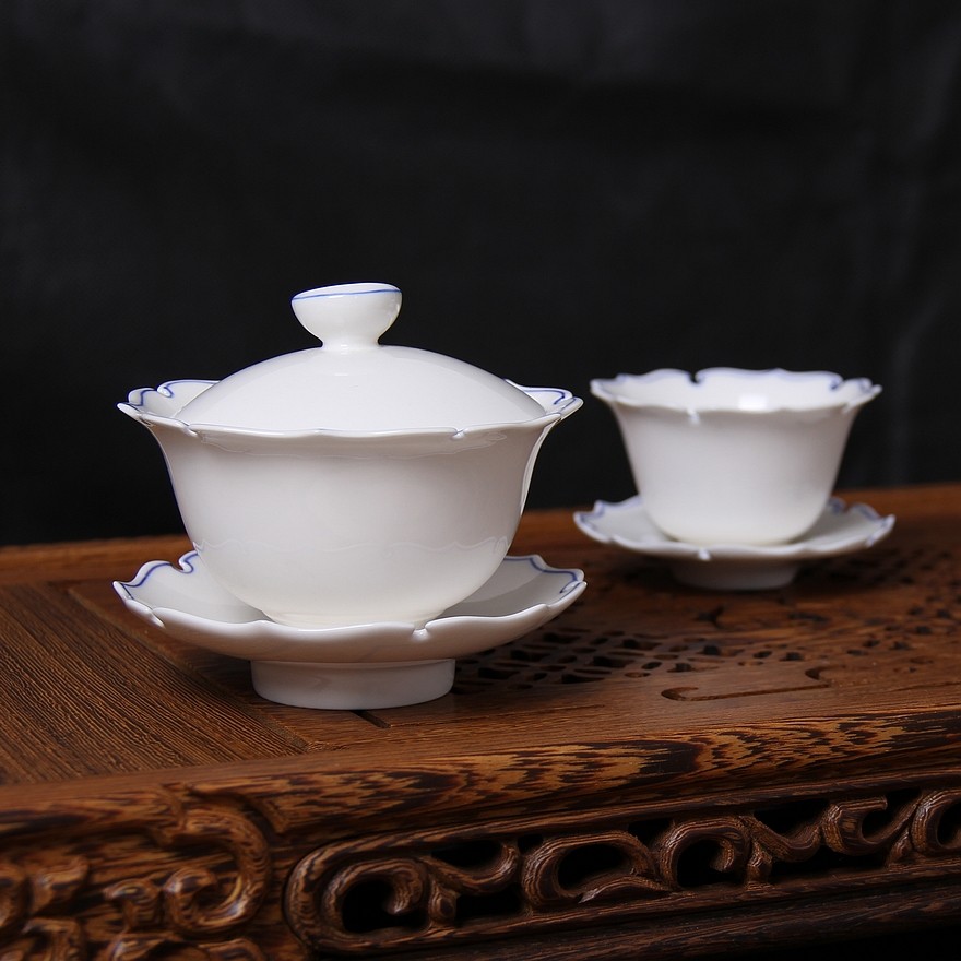 台湾衡连大盖碗 玲珑手绘青花莲瓣盖碗 五福如意1件茶杯茶具套装