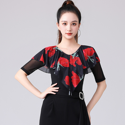 2025广场舞蹈上衣新款V领中老年跳摩登舞交谊舞蹈练功演出服装夏