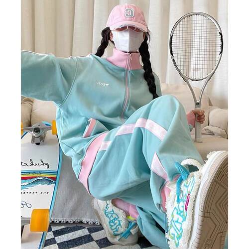 宽松大码胖mm300斤撞色卫衣运动套装女春秋季炸街学生休闲两件套
