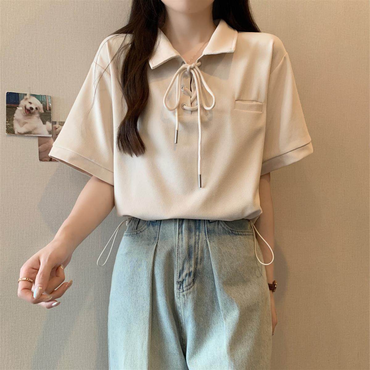 系带POLO领短袖T恤女夏季大码微胖mm200斤遮肚子300ins短款上衣服,女装/女士精品,T恤,淘宝优惠券,粉丝福利购,淘宝优惠卷