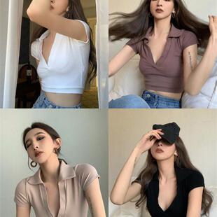 胖mm200斤性感v领短款 气质修身 上衣 300辣妹T恤女ins潮夏短袖 大码