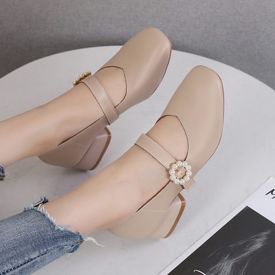 新款方头软皮珍珠玛丽珍鞋女单鞋