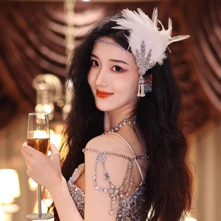 1920S羽毛发带头带 新娘头饰配饰晚宴会舞会派对合金镶钻复古发饰