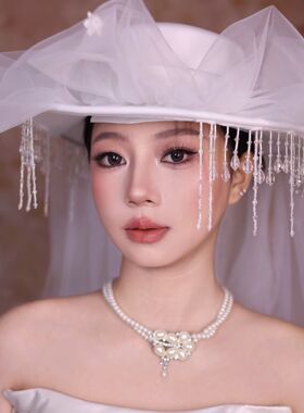 新娘白色水晶流苏礼帽头纱帽子女