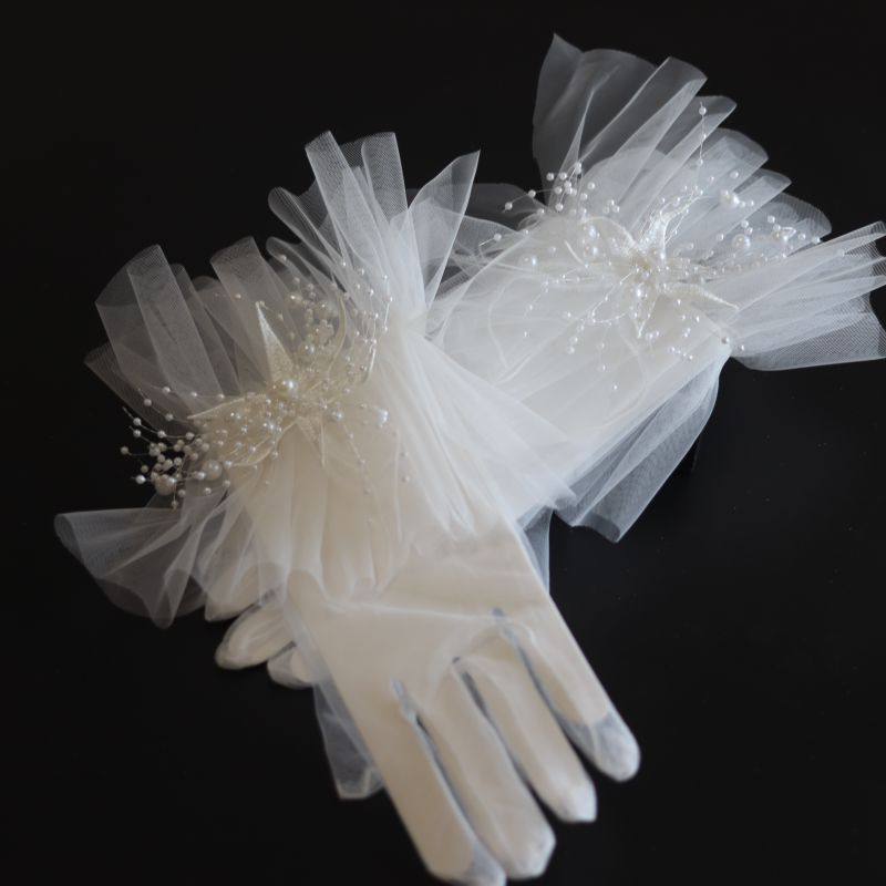 새로운 프랑스 스타일의 신부 웨딩 드레스 메쉬 장갑 흰 꽃 슈퍼 요정 사진 스튜디오 여행 사진 사진 슬리브