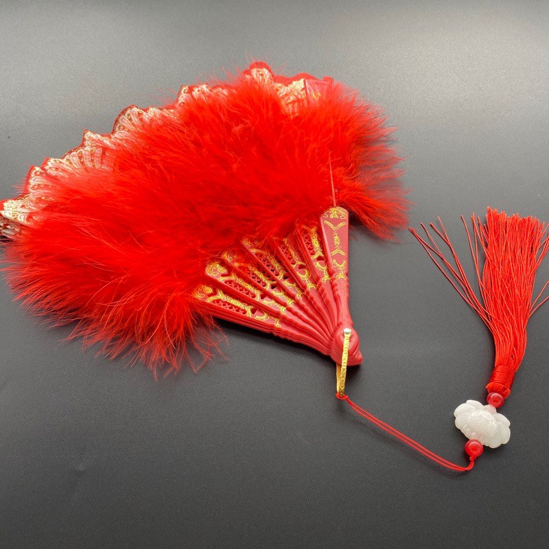 중국 스타일의 깃털 복고풍 팬 치파오 댄스 패션쇼 팬 장식 접는 팬 앵커 쇼 사진 전체 벨벳 팬