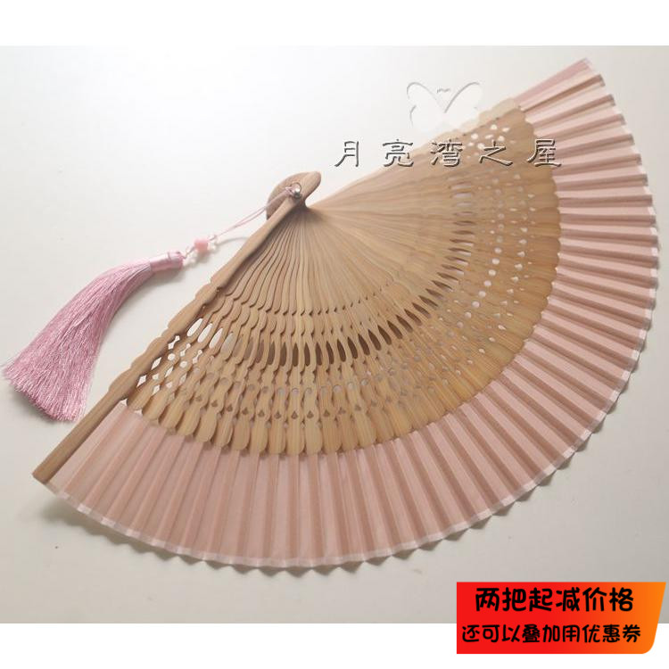 月亮扇夏季6寸女扇真丝布折扇旗袍走秀扇方便携带小扇子白色
