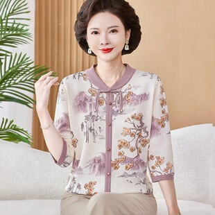 妈妈夏装 高贵夏天小衫 中老年人女短袖 T恤衣服 冰丝上衣服洋气新款