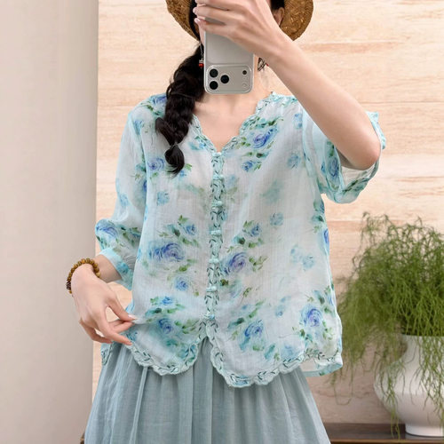 园园美衣新款文艺印花苎麻衬衫女复古宽松花边领显瘦时尚开衫上衣