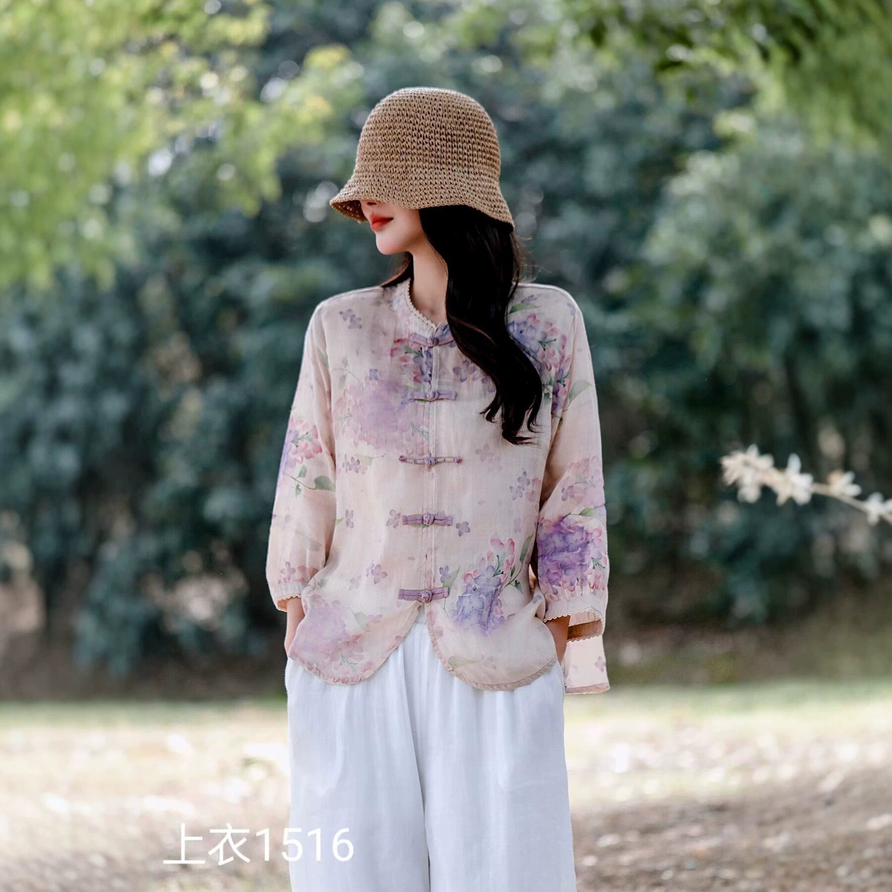 园园美衣苎麻印花衬衫女 2026夏新品 国风立领七分袖盘扣上衣1516