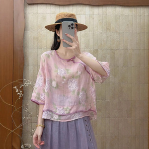 园园美衣季新款时尚苎麻印花衬衫女复古宽松圆领盘扣斜襟显瘦小衫