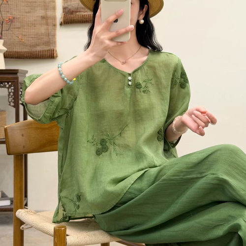 园园美衣2026春季新款刺绣苎麻衬衫宽松苎麻上衣女士轻薄苎麻小衫