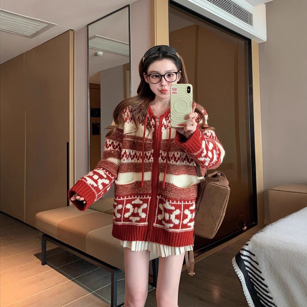 园园美衣连帽毛衣外套女2026新款冬季加厚宽松慵懒风针织开衫上衣