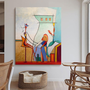 无框装 毕加索名画入户玄关过道抽象纯手绘油画高端客厅竖版 饰挂画