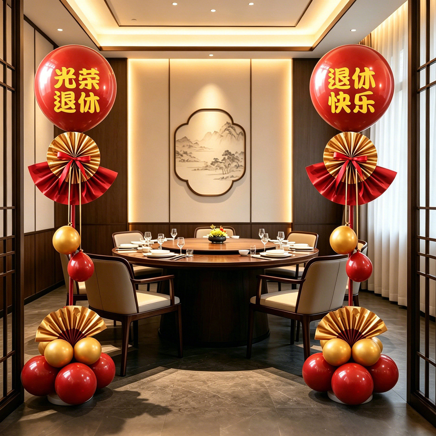 光荣退休氛围场景布置气球立柱教师领导荣休欢送会仪式感装饰宴会