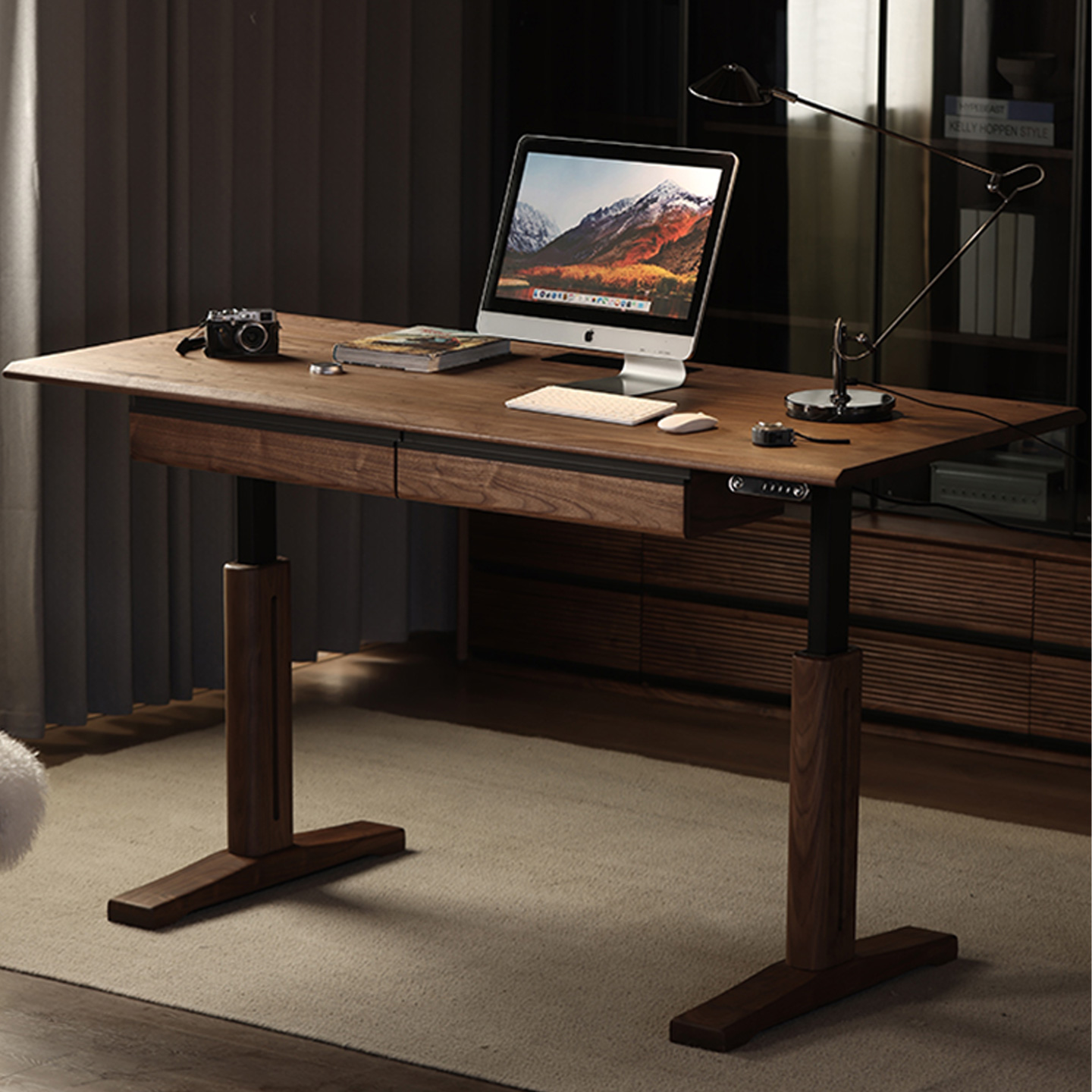 北美黑胡桃木智能升降书桌可定制