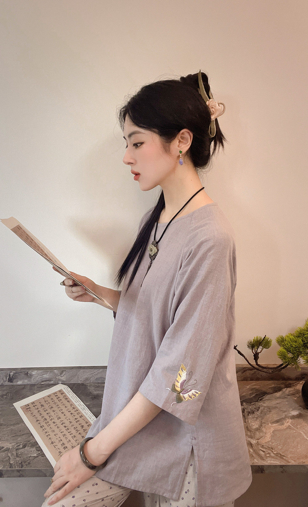 花筱鸳【蝴蝶自来】精致绣花|中式复古棉麻禅意茶服日常上衣