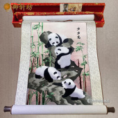 纯手工刺绣卷轴画出国伴手礼品高档锦盒中国特色国宝熊猫挂画
