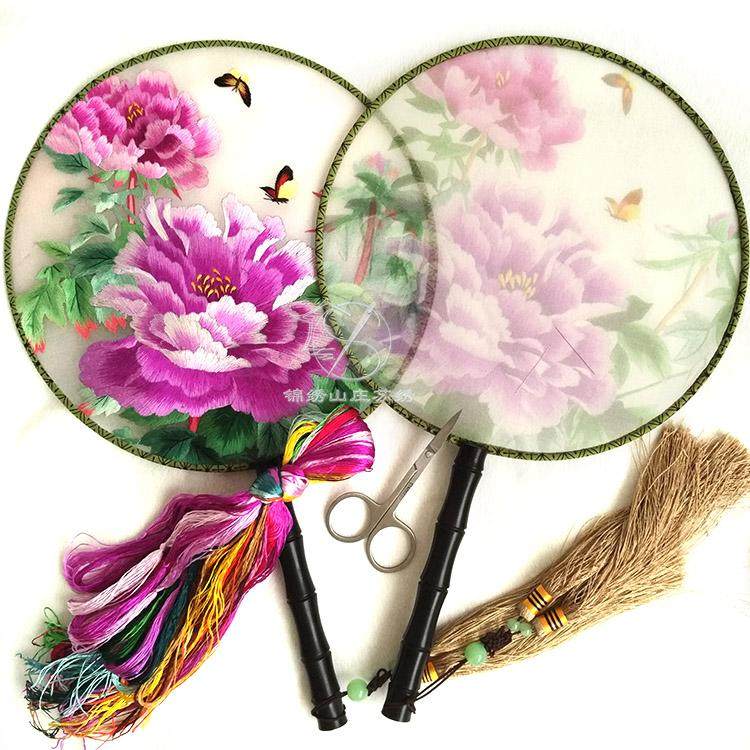 印花圆扇diy套件手工苏绣双面绣檀木竹柄扇子蚕丝线绣花针带教程