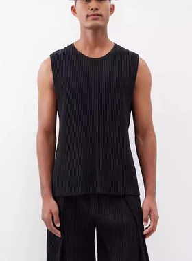三宅褶皱男装夏季经典基础款打底背心圆领马甲男有侧口袋JE157