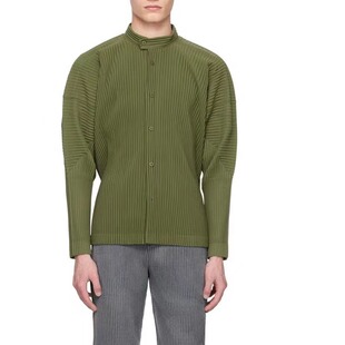 百搭早秋季 男肌理感立领休闲开衫 军绿外套JJ111 开衫 三宅褶皱长袖