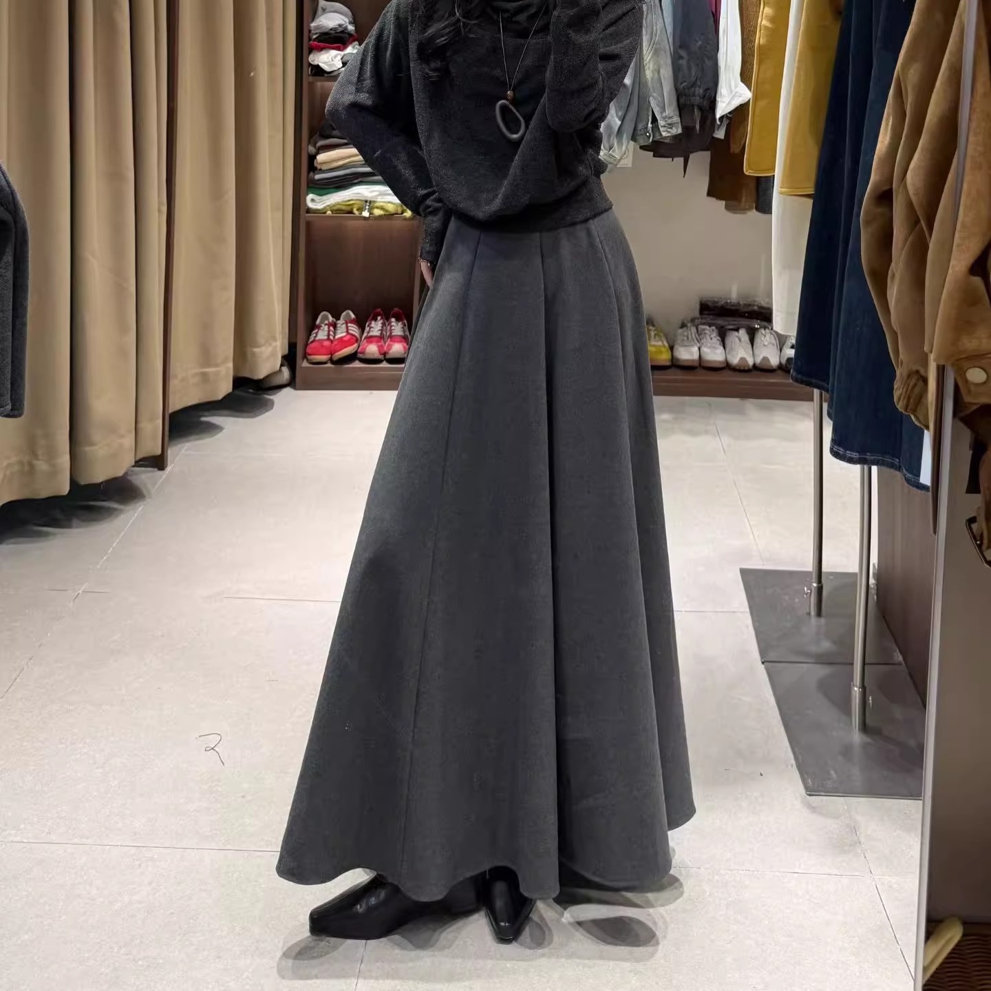 极简风毛呢A字百褶裙半身裙女