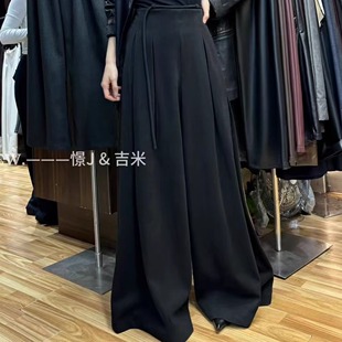 女春夏季 长裤 裤 黑色百搭宽松拖地裤 子 裙西装 高腰系带褶皱阔腿裤