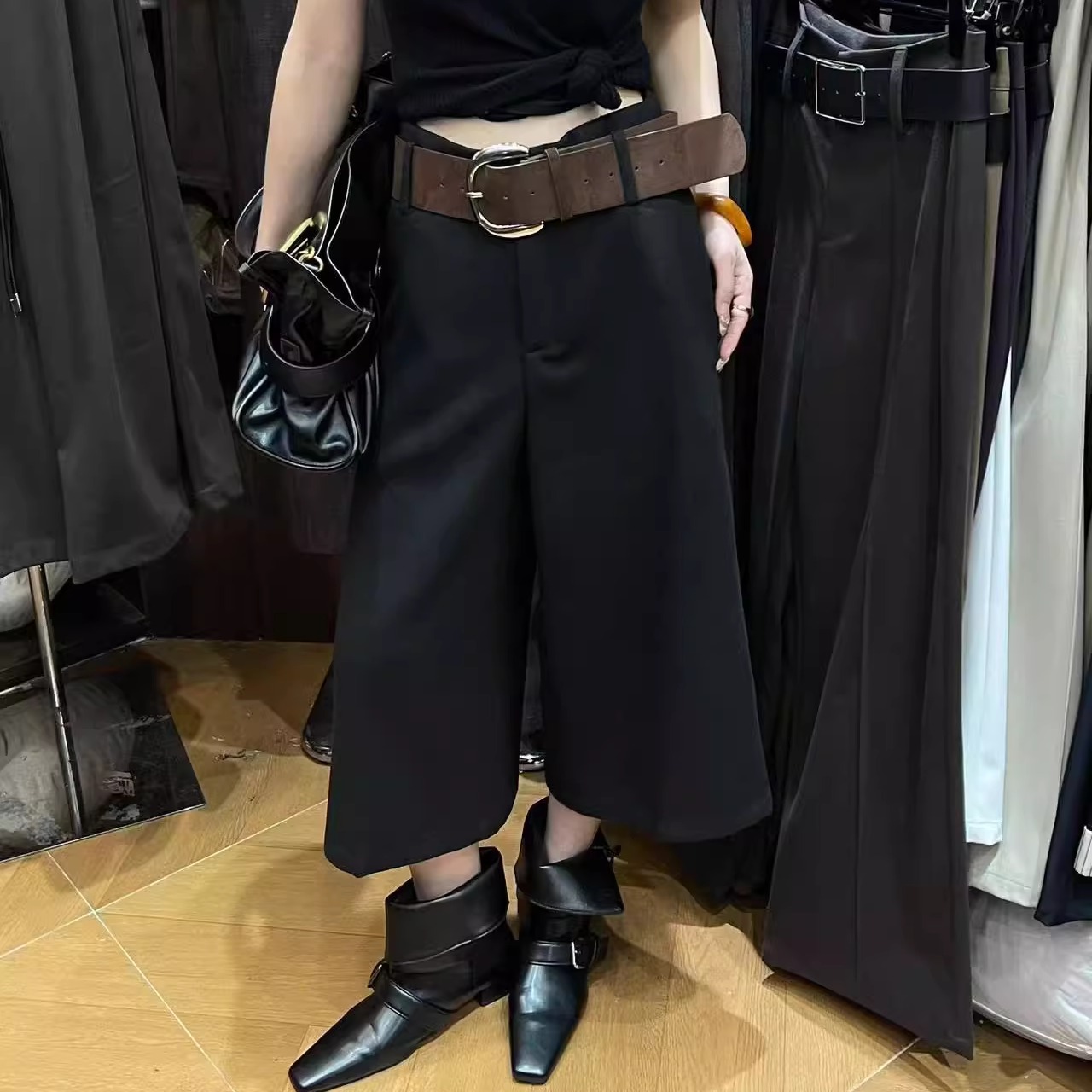 黑色加厚羊绒呢西装裤女八分长裤