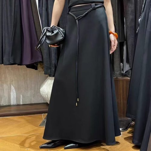 复古咖啡色抽绳裙子女冬季新款高腰垂感百搭显瘦西装料半身裙长裙