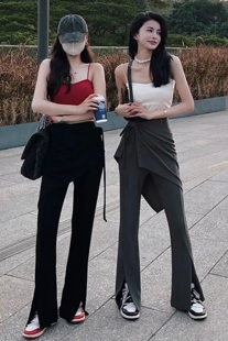 灰色开衩微喇叭裤2024年春季韩版设计感高腰显瘦阔腿裤围裙两件套