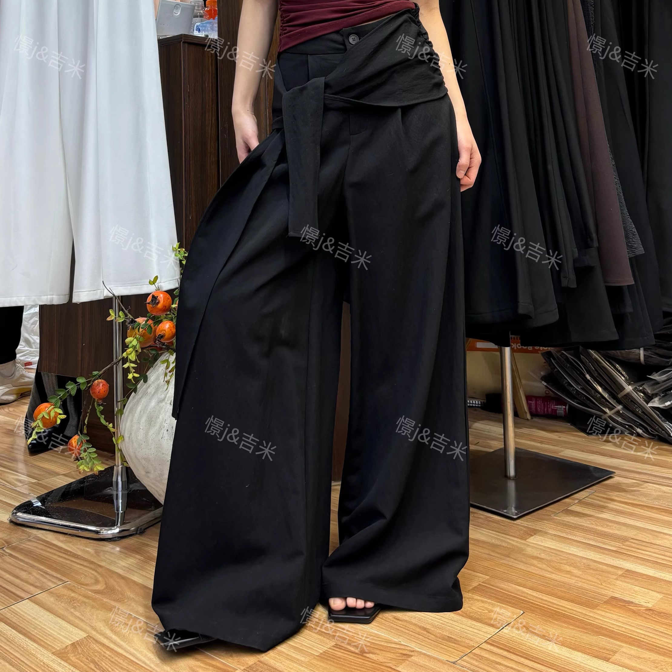 黑色假两件绑带设计感西裤垮裤阔腿裤女春季高腰裙帘拖地裤裙长裤