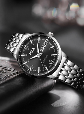 FILA斐乐双历钢带时尚机械手表男士简约轻奢商务夜光指针腕表6705