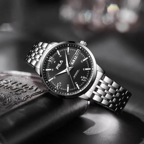 FILA斐乐双历钢带时尚机械手表男士简约轻奢商务夜光指针腕表6705