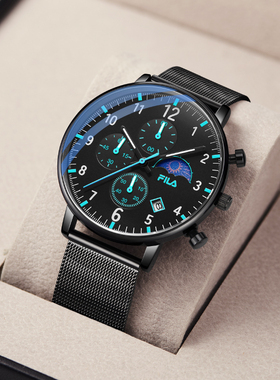 FILA斐乐三眼多功能编织米兰钢带手表夜光指针腕表时尚男表新6743
