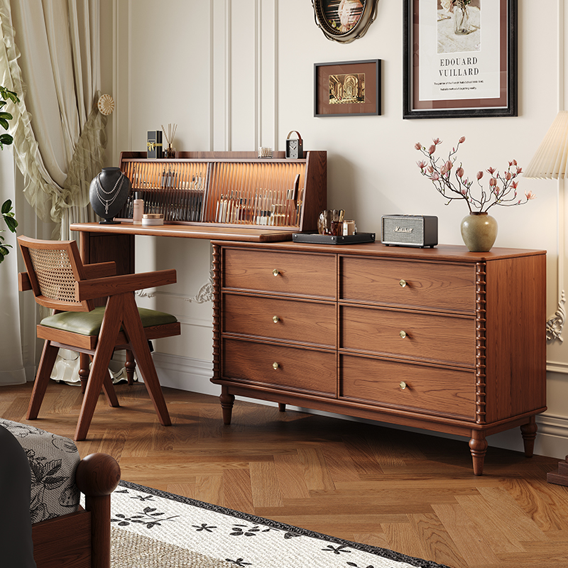 斗柜化妆台一体卧室法式中古实木化妆桌床尾收纳柜化妆台转角书桌