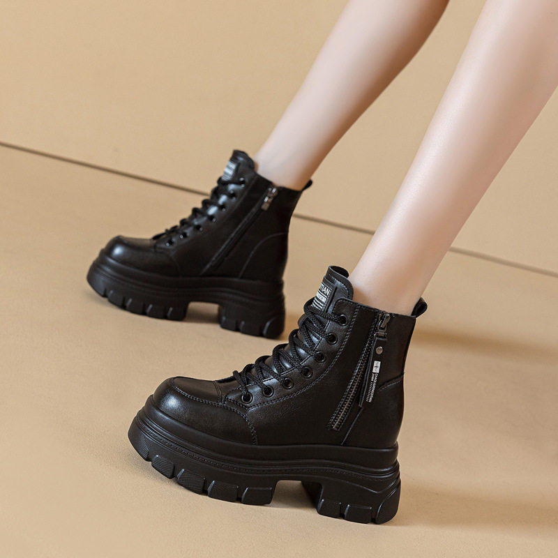 10CM真皮马丁靴女英伦风2025秋冬新款小个子厚底内增高加绒短靴子